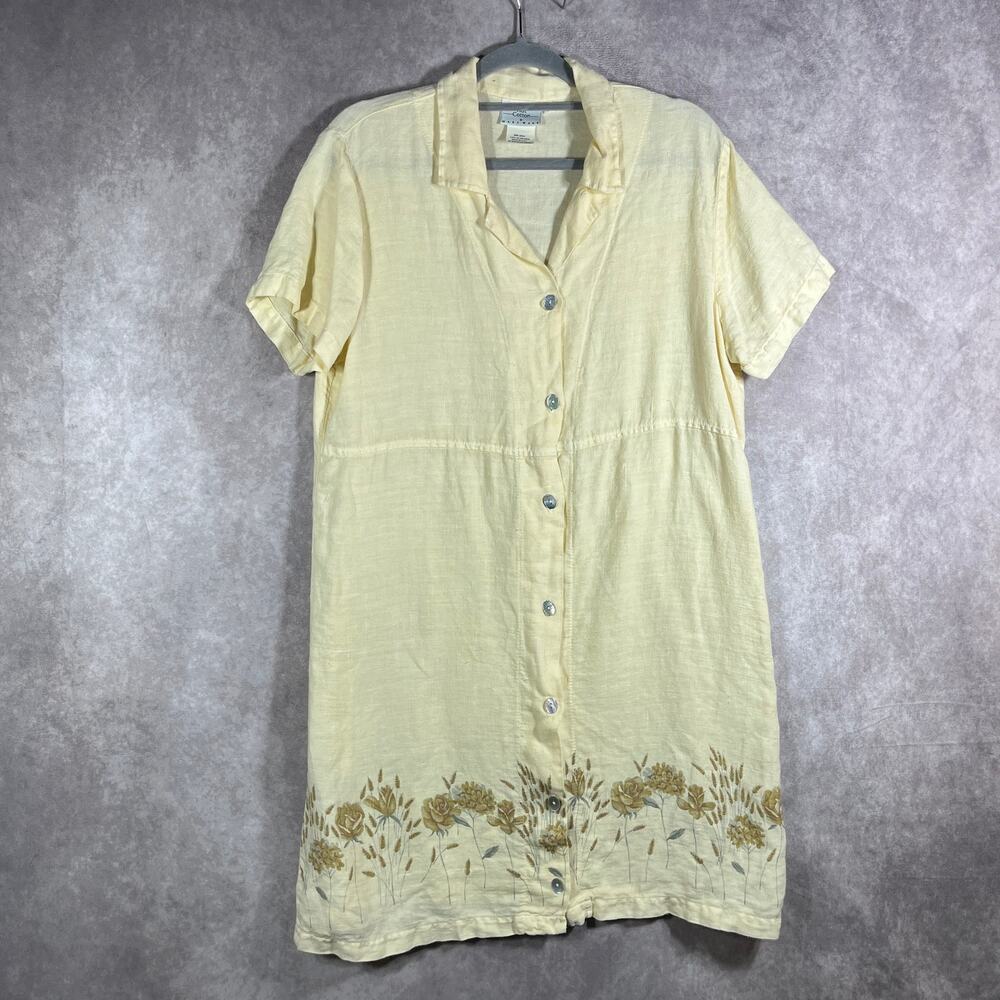 Hot Cotton Shirt Dress Womens Medium Yellow Floral Linen Button Up Cottagecore